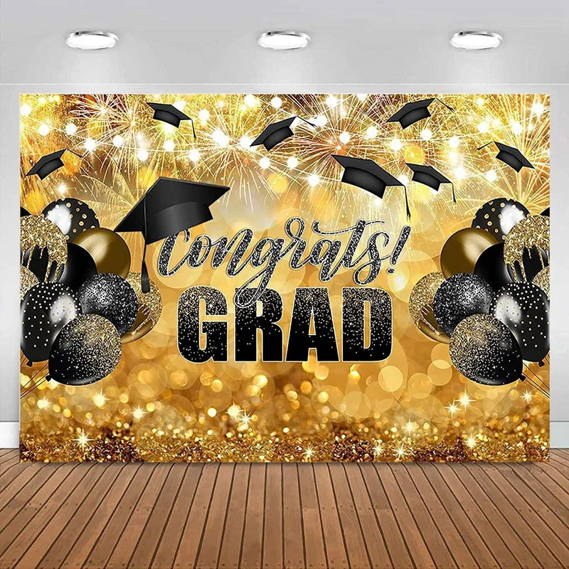 

Congrats Grad Backdrop Black Gold Glitter Graduation Prom Party Decorations Photography Background Celebration Prom Party Banner