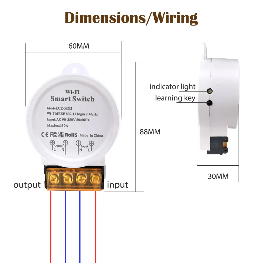 WiFi Metered Smarts Switch 30A 250V Energys Monitoring Tuyas Smarts Life App Timer Schedule Voice Control Alexas Google 2.4GHz