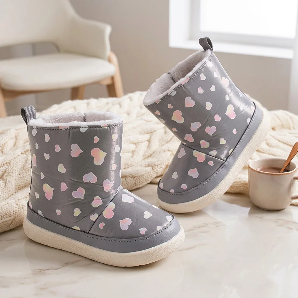 Girls' Heart-Print Snow Boots – Waterproof, Fleece-Lined, Soft-Sole Winter Boots for Toddlers & Kids