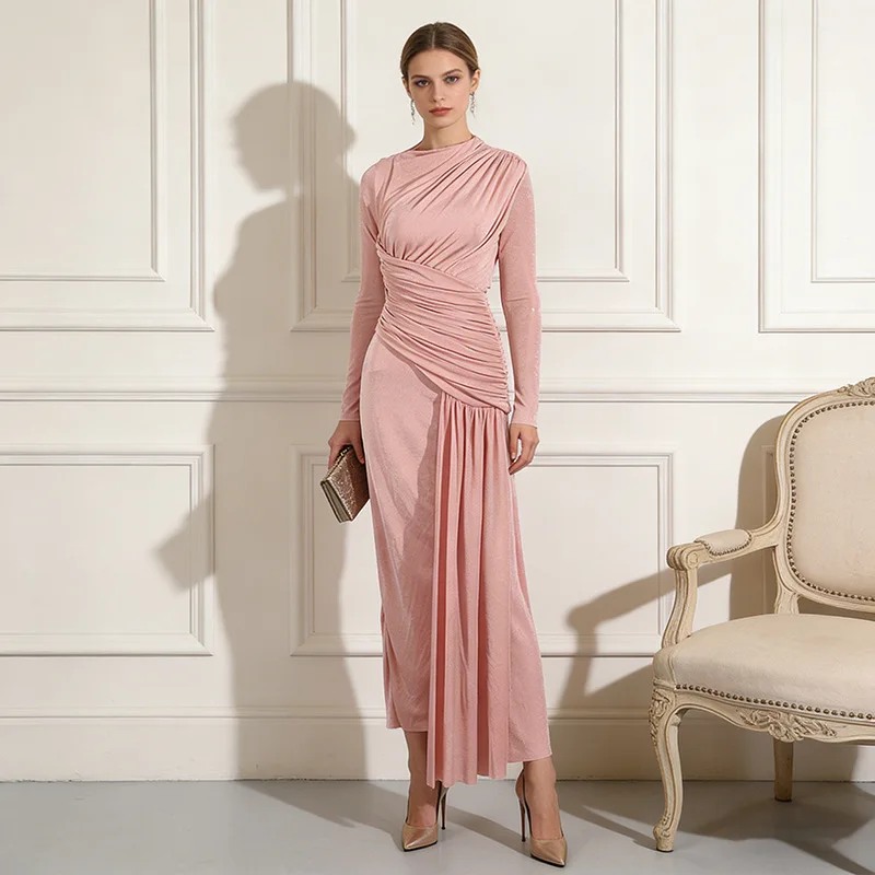 

High Quality Wrinkle Hip Hugging Dresses Spring Women Round Neck Long Sleeve Dress High Waist Waist Pullover Knee Length Dress