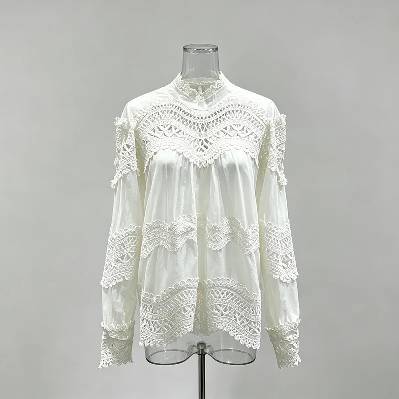 ZAMOR HIGH STREET 2026 Autumn New Women's French Vacation Solid Hollow Lace Embroidery Stand Collar Long Sleeve Blouse