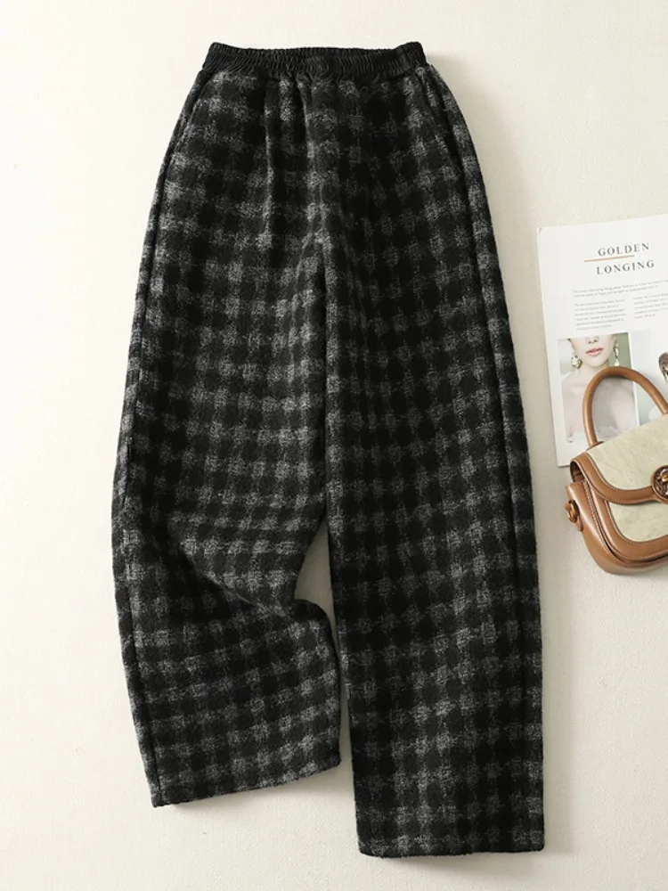 

Широкие брюки в клетку в стиле ретро, женская зимняя верхняя одежда, прямые повседневные брюки в клетку на подкладке, удобные большие размеры