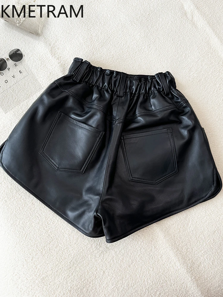 KMETRAM 100% Top Layer Sheepskin Shorts for Woman High Waisted Genuine Leather Black Short Autumn Women' S Clothes 2025 шорты