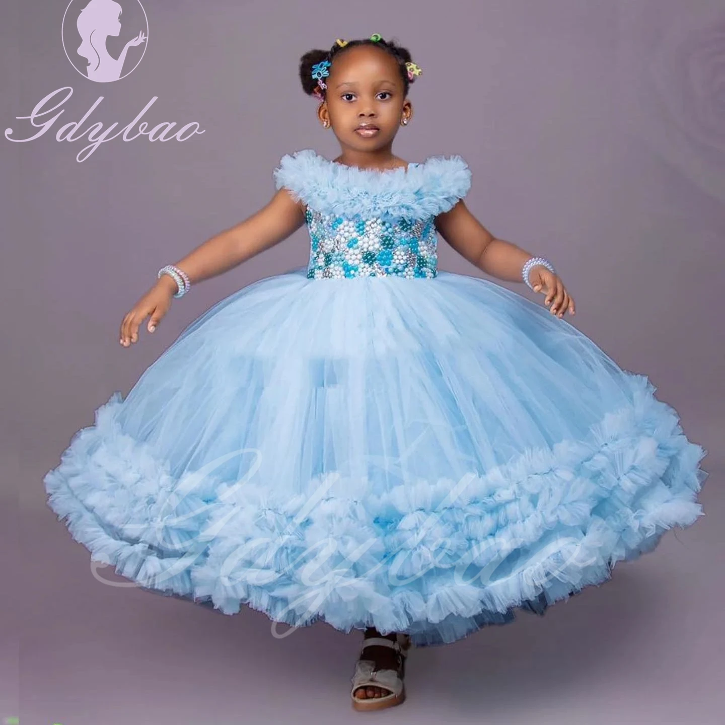 Blue Tulle Flower Girl Dress For Wedding Beaded Puffy Off Shoulder Kids Birthday Christmas First Communion Party Ball Gowns