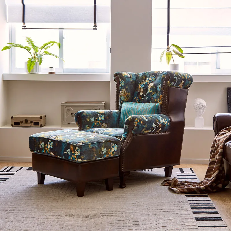 Single wooden leather cloth sofa retro living room balcony casual chair