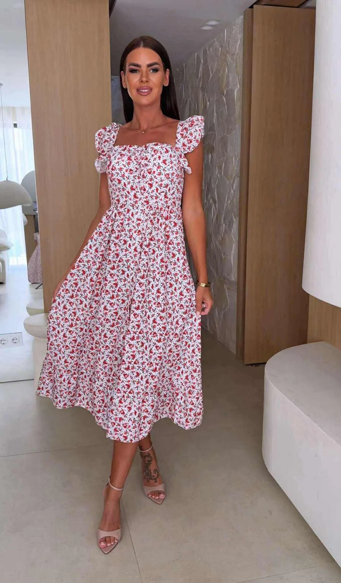 Rench فستان ميدي امرأة 2025 صيف جديد مثير فستان زهري ساحة بروتيل فستان عالية الخصر ألف خط فستان عطلة المرأة عادية