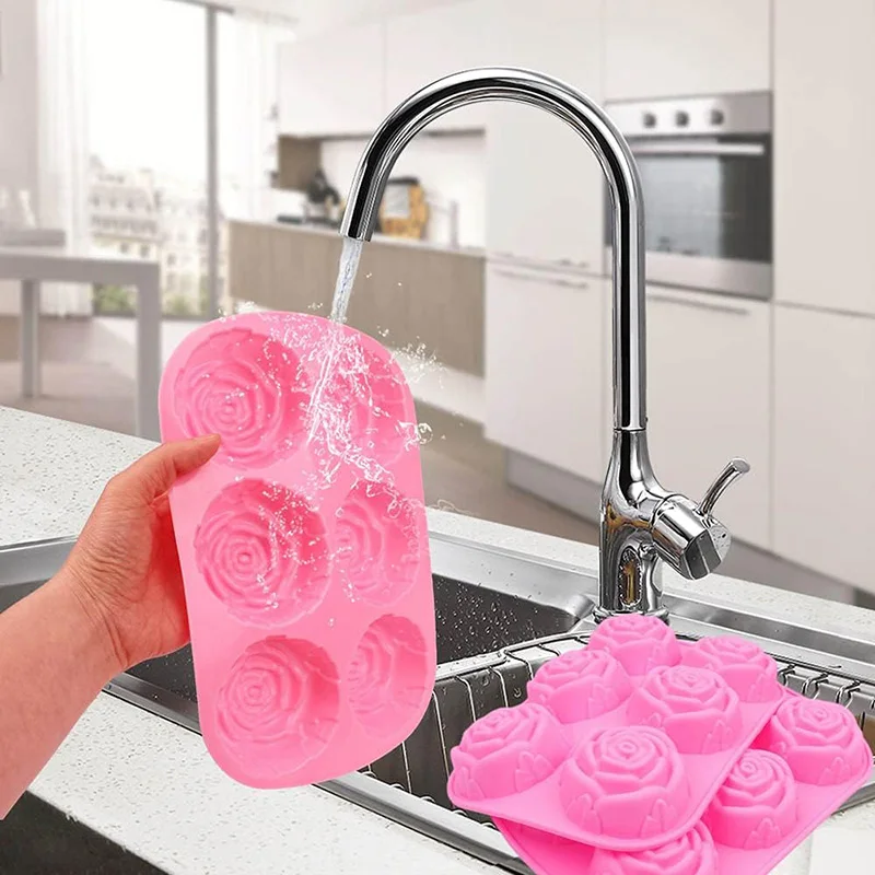 Molde de silicona con 6 agujeros, flor, rosa, pastel, helado, Chocolate, jabón, 3D, utensilios para hornear magdalenas, plato para hornear, molde para magdalenas