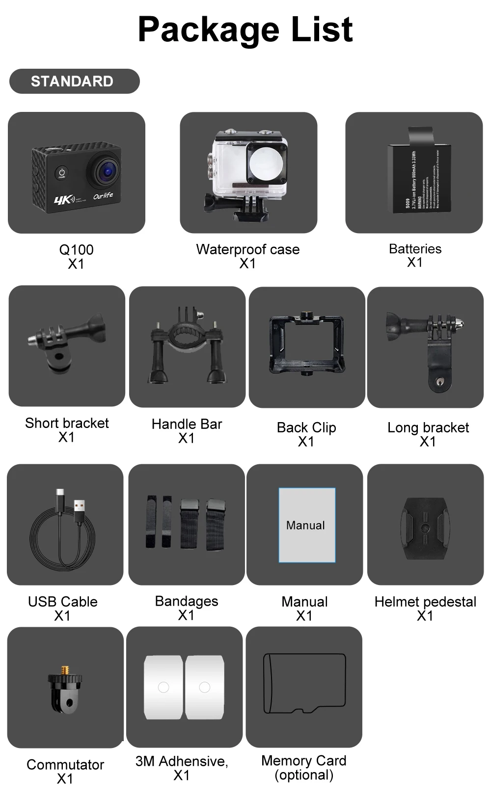 Ourlife 4K Action Kamera Ultra HD 16MP WiFi 2,0 Zoll Bildschirm 170D DVR Webcam Unterwasser 30M Helm Video Aufnahme Sport Kamera – Detail 11