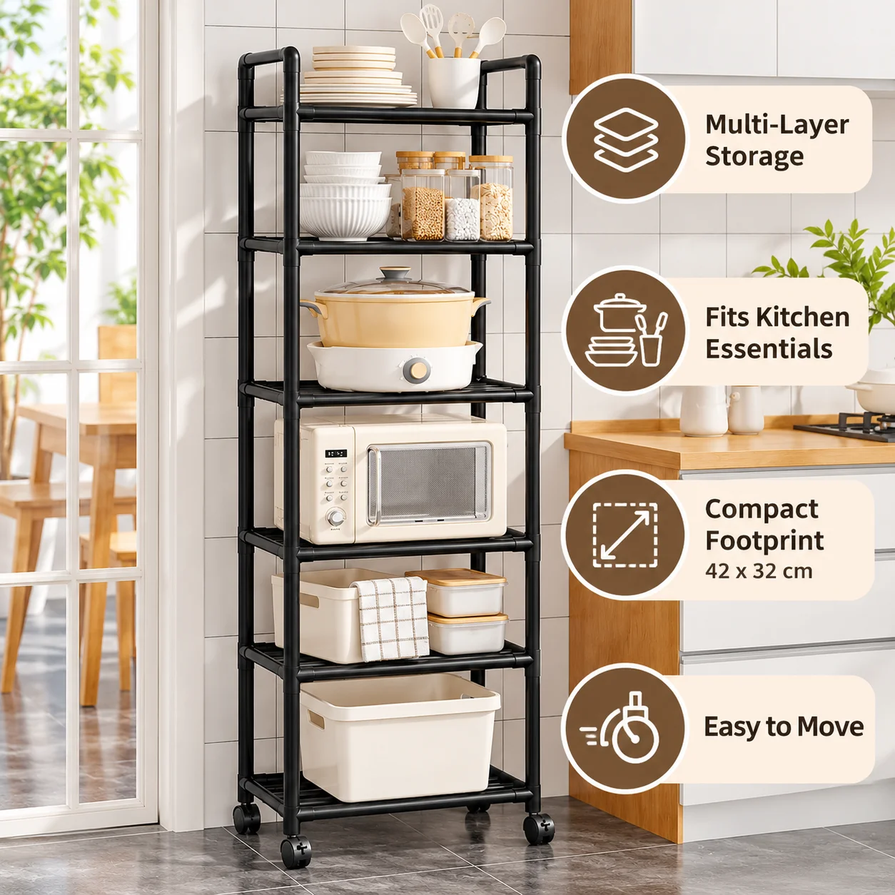 4/5/6 Tier Rolling Kitchen Storage Rack with Wheels, Slim Metal Shelving Unit for Microwave, Pantry and Bathroom