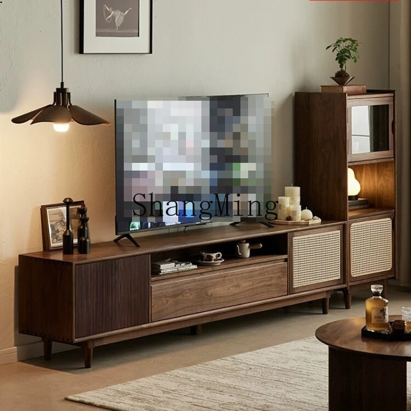 

SM black walnut TV cabinet coffee table combination retro all solid wood floor cabinet household storage cabinet