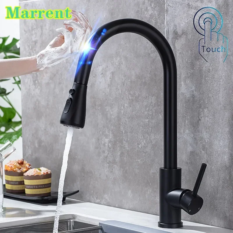 Black Touch Kitchen Faucets with Pull Down Sprayer Hot Cold Pull Out Kitchen Mixer Tap Smart Sensitive Touch Kitchen Faucet