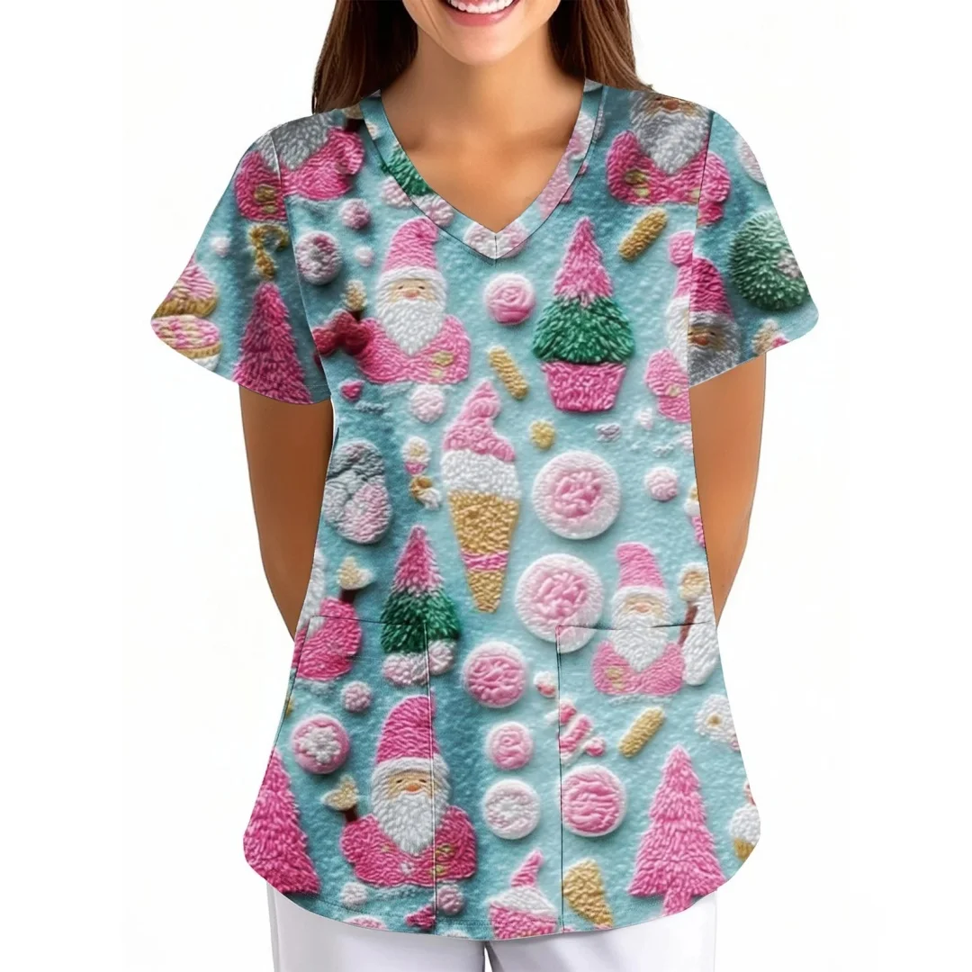 เสื้อสครับคอวีพิมพ์ลายคริสต์มาส 3 มิติ สวมใส่สบาย เหมาะสำหรับบุคลากรทางการแพทย์ ผู้หญิง ใช้ได้ในโรงพยาบาล คลินิกทันตกรรม