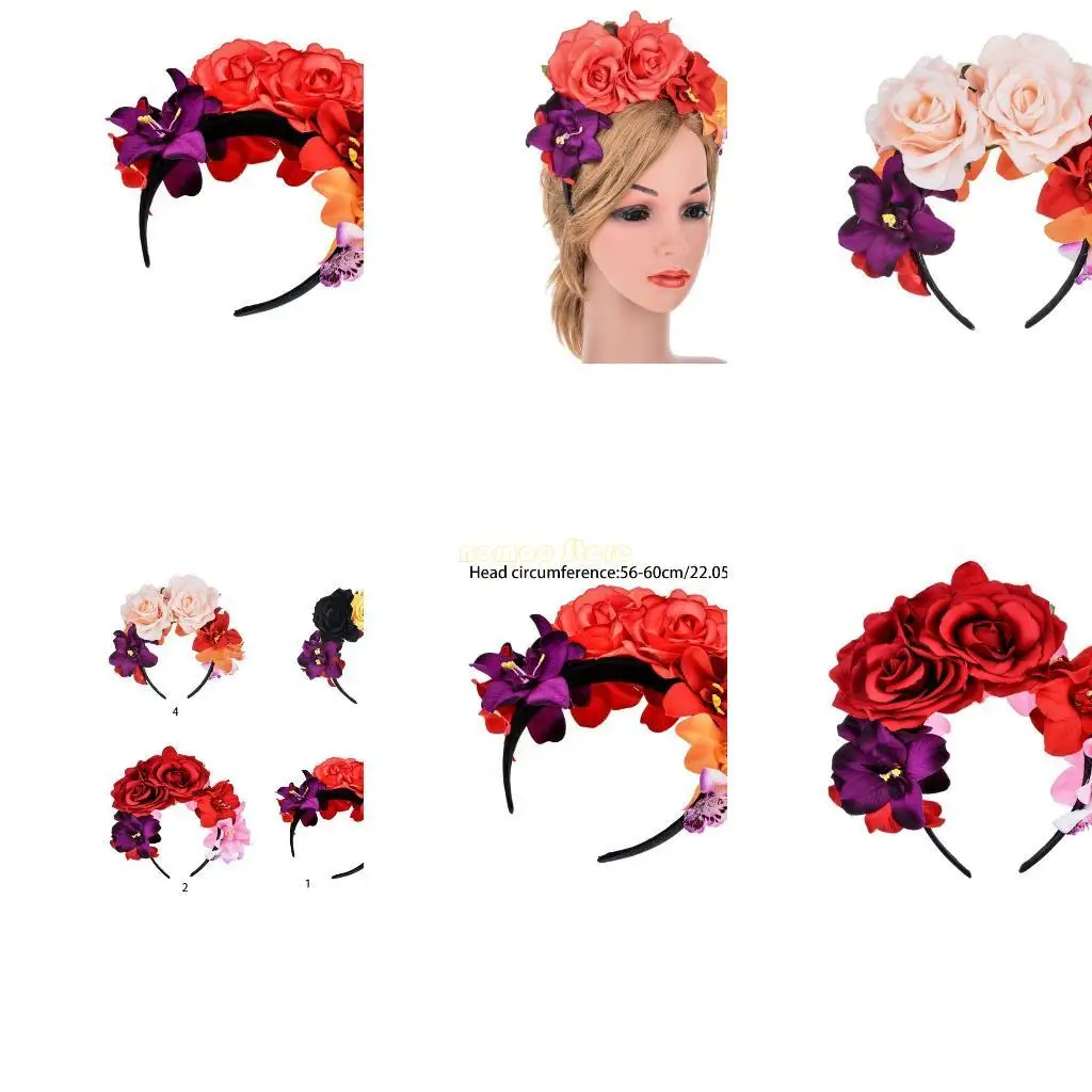 

31BF Женская мексиканская имитированная розовая цветочная корона День повязки на голову мертвого Хэллоуина он