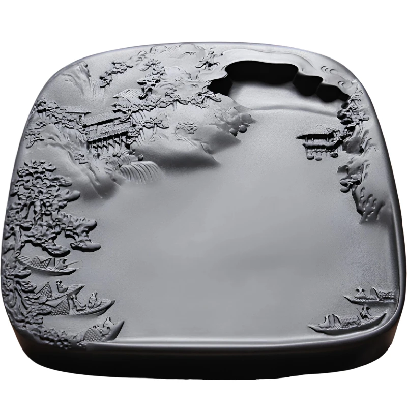 Natural Raw Stone She Inkstone Black Dragon Tail Landscape Carved Inkstone Chinese Calligraphy Painting Office Stationery Supply