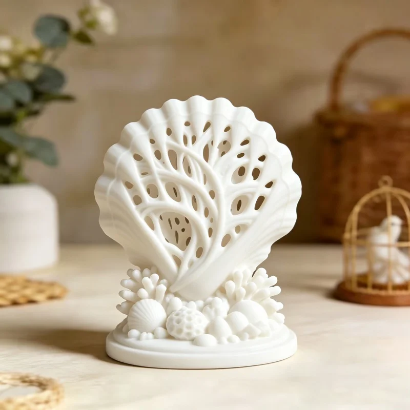 3D Printed Ornament Hollow Scallop Sea Shell Statue Coral Reef Miniature Figurine for Desk Bookshelf Bathroom Home Decor