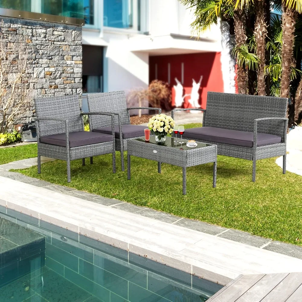 

4 Piece Patio Furniture Set, Outdoor Wicker Conversation with Soft Cushion, Glass Tabletop, Solid Steel Frame,