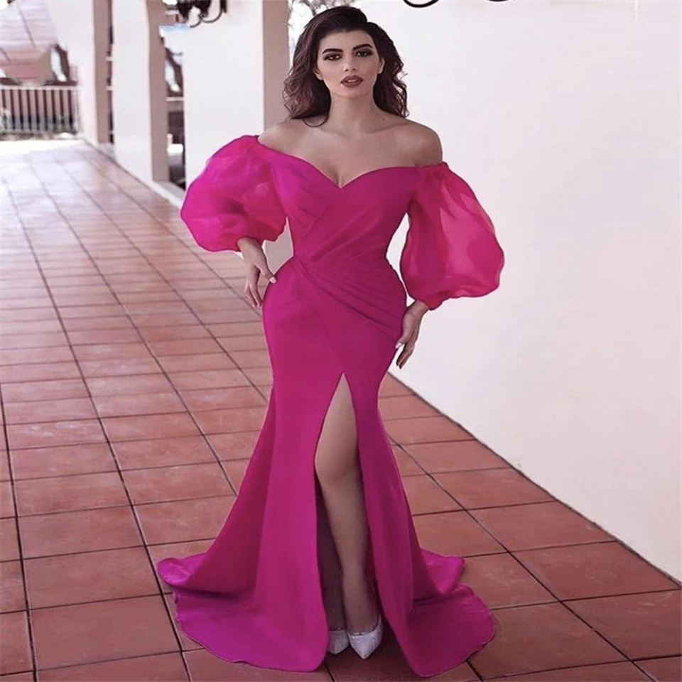 Fuchsia Split suknie balowe 2023 kobiety formalne nocna impreza syrenka tiul Vestido De Gala Off The Shoulder V-Neck długa suknia wieczorowa