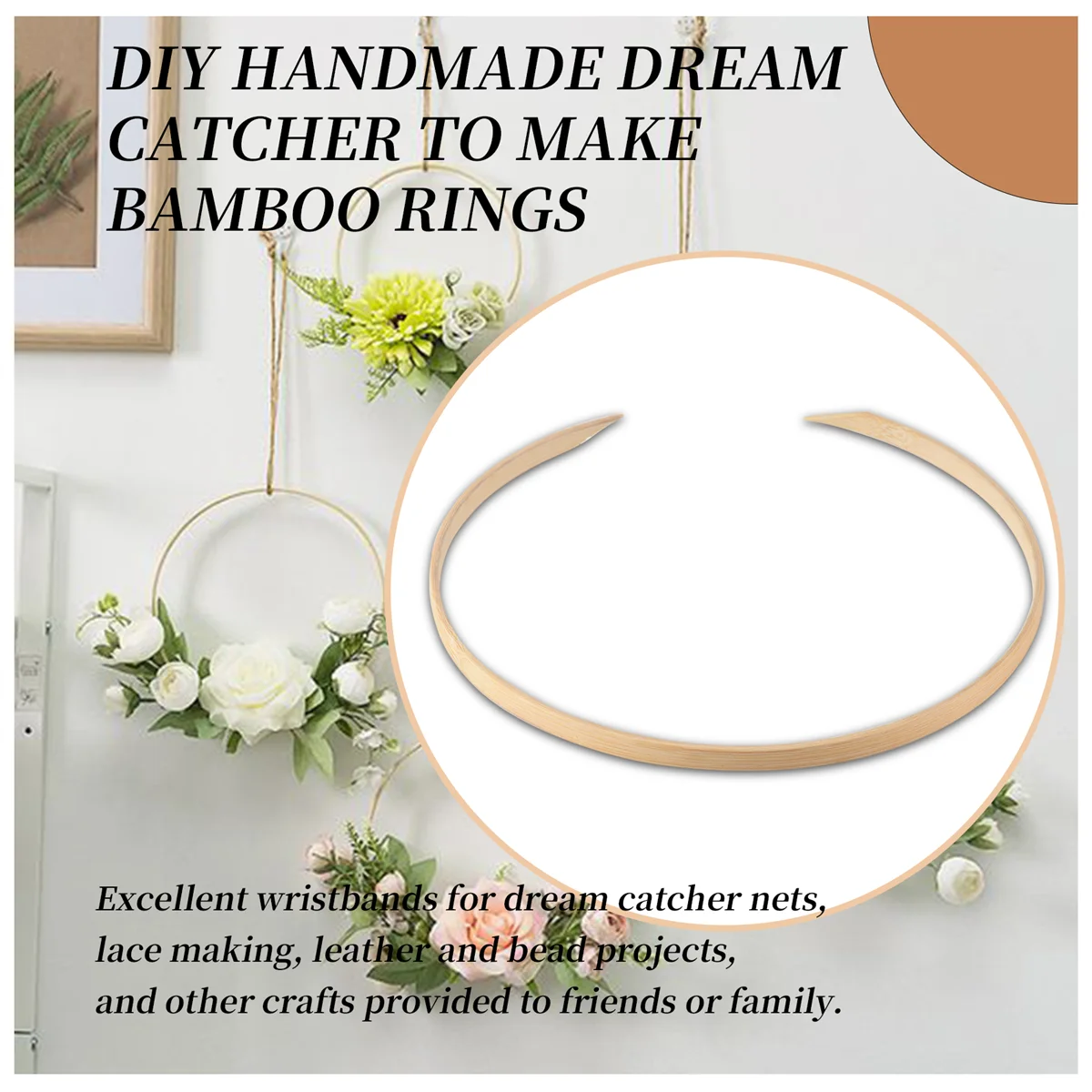 Dream Bamboo Rings,Wooden Circle Round Catcher DIY Hoop for Flower Wreath House Garden Plant Decor Hanging Basket 20.5Cm Rare