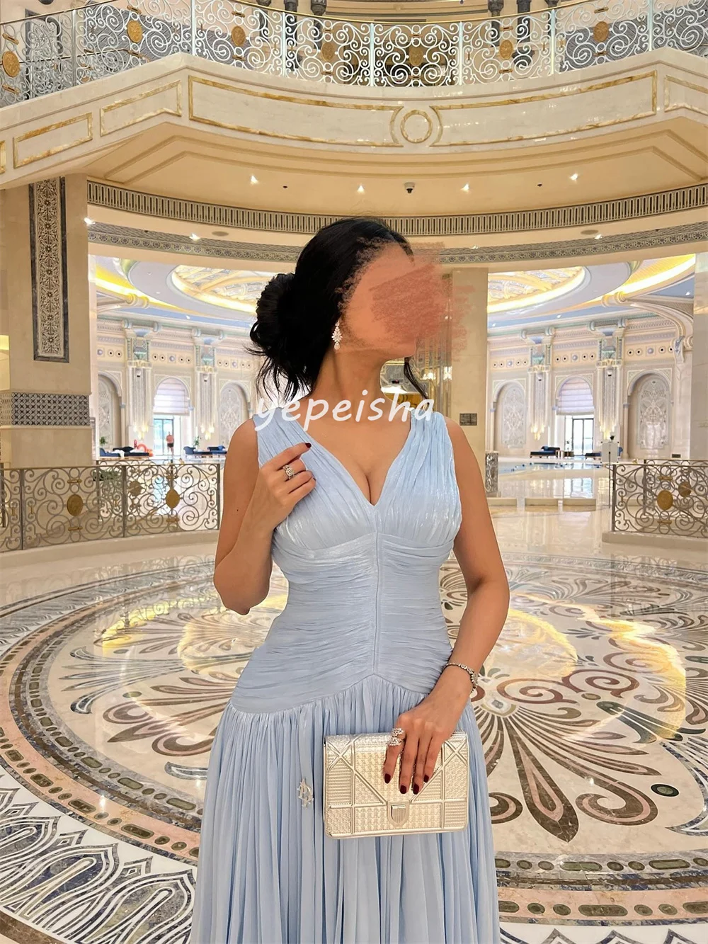 Customized Chinese Style Matching Chiffon Pleat Ruched Draped A-line V-neck Long Dresses Evening Dresses Exquisite High Quality