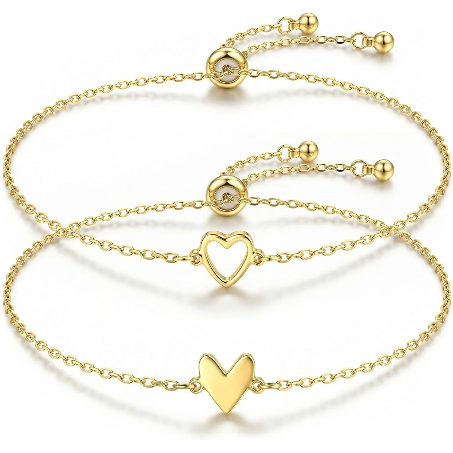 

Bobisty 2Pcs Matching Heart Bracelet Set for Women 14K Gold Plated Dainty Link Chain Adjustable Jewelry Gift for Best Friend Mom