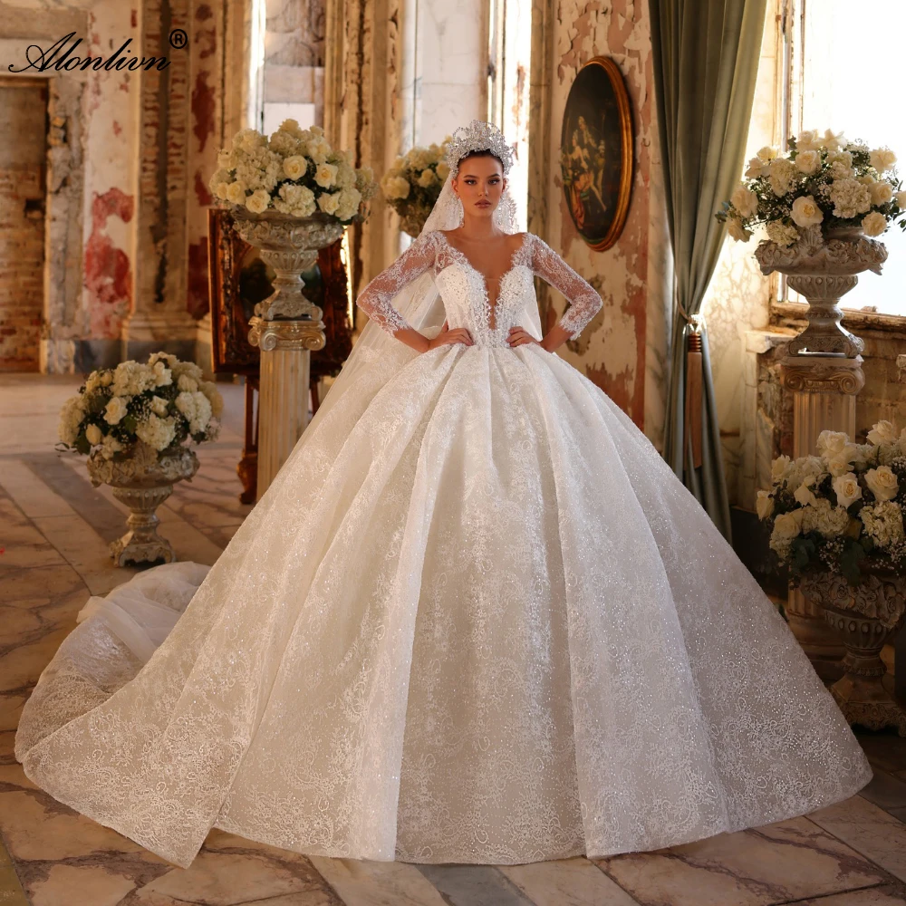

Alonlivn Custom Made Exquisite Lace V-Neck Ball Gown Wedding Dresses Beaded Pearls Appliques Lace Full Sleeves Bridal Dresses