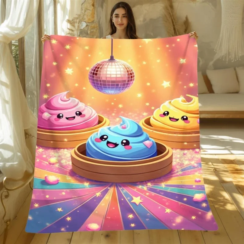 Disco Ball Colorful Meringue Dumpling Cute Face Flannel Throw Blanket, Funny Cartoon Dessert Rainbow Blanket for Kids Room