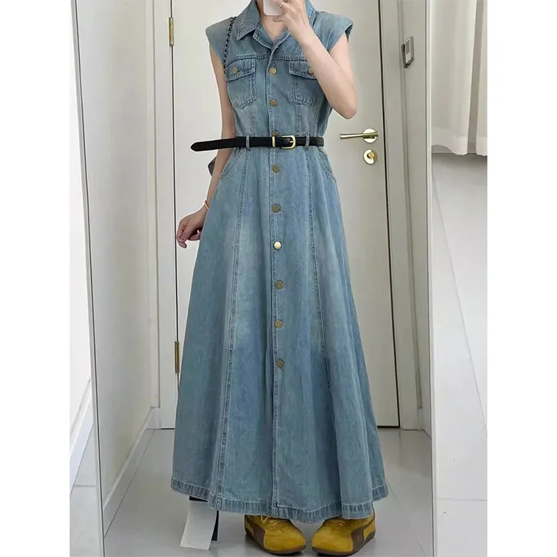 

Women Long Dress Denim Dresses A Line Vestidos Turn Down Collar Sleeveless Elegant Y2k Tight Waist Single Breasted Work Summer