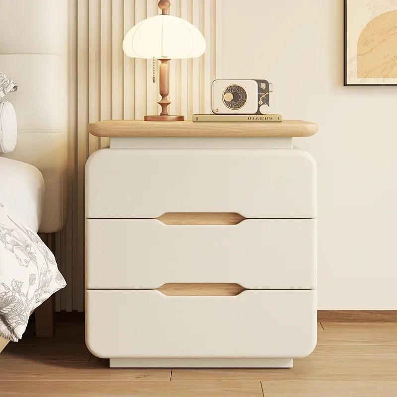 Cream Wood Grain Nightstand 2/3 Drawer Choice Modern Bedside Table with Hidden Handle Solid Wood Storage Cabinet for Bedroom