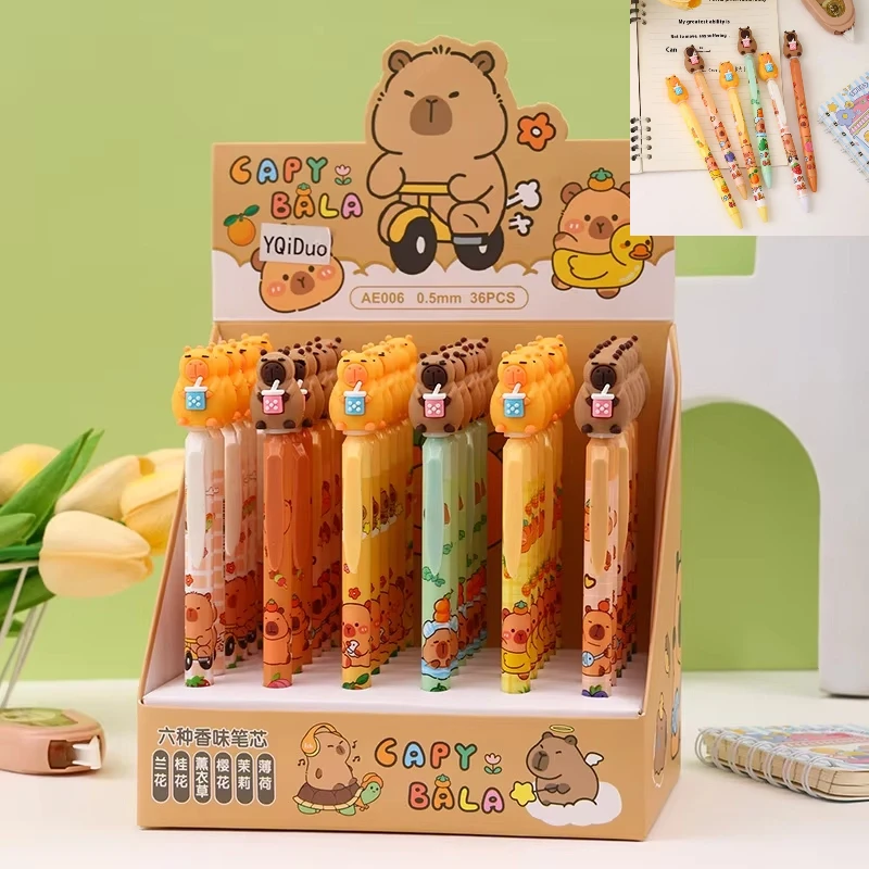

Capibala 36pcs Gel Pen 0.5mm Black New Cartoon Doll Metal Pen Holder Press Cute Shape Student Office Stationery Kawayi Gift