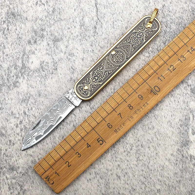 

Trskt Damascus Collect Knife Folding Camping Survival Knives Pocket Knife ,Copper Handle Edc Tool Dropshipping