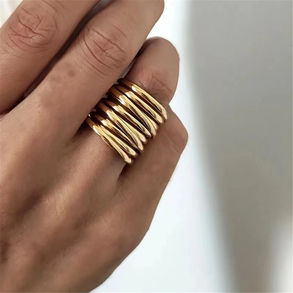 Creative Retro 18K Gold Stainless Steel Multi-layer Ring for Women Fashion Party Punk Jewelry Gift