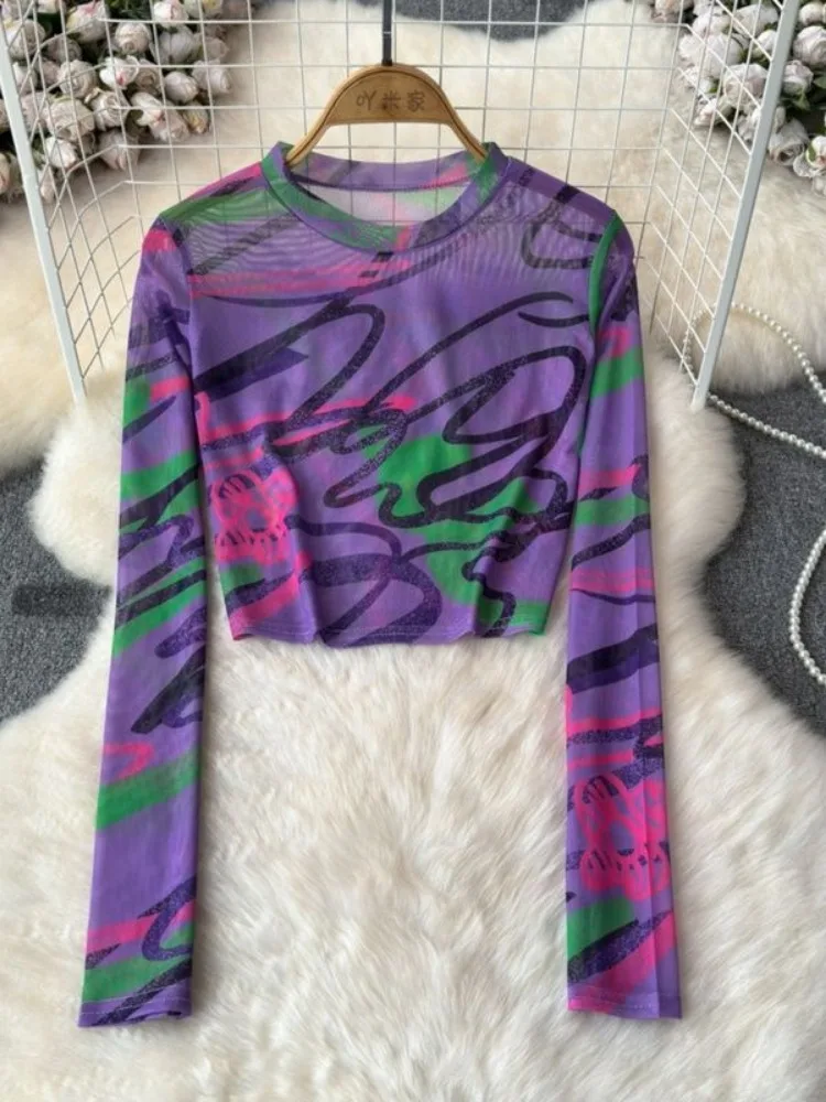 Retro Harajuku Y2k Gothic Grunge Aesthetic Y2k Crop Tops Sweet Print Tie Dye Long Sleeve T-shirt Women New O Neck Thin Sunscreen
