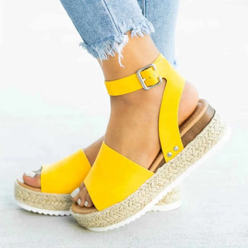 New Women Casual Sandals Fish Mouth Hemp Rope Platform Wedge Shoes Fashion Round Toe Buckle Leopard Print Beach Flats Plus Size