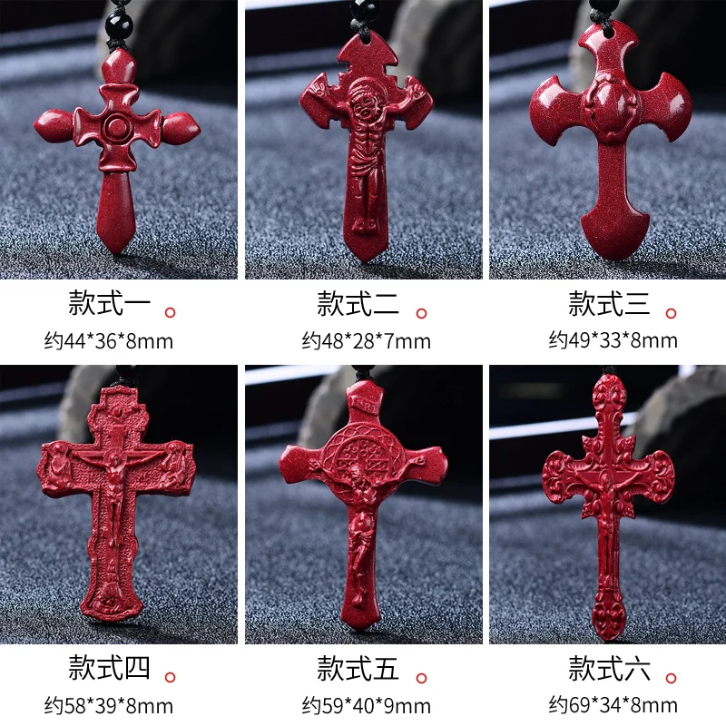 

Gothic Red Cross Jesus Pendant Necklace Natural Cinnabar Punk Amulet Men Ladies Cross Pendant Fashion Jewelry Gift