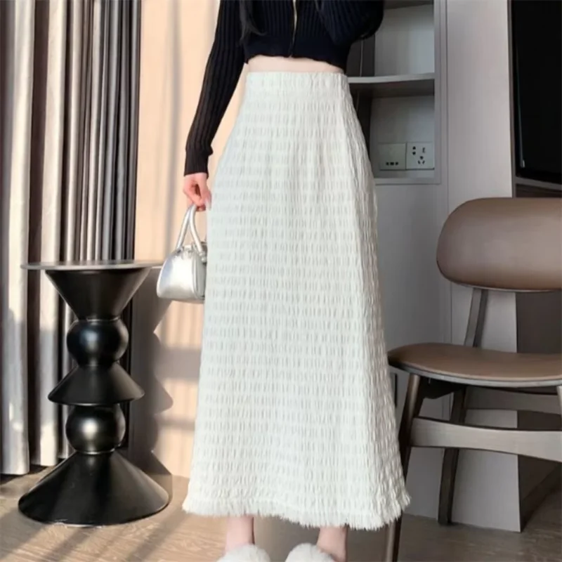 Women Solid Casual Pleated Skirt Office Ladies Korean Fashion White Tassel Midi Skirts Oversized Women's Clothes Knitted Skirts