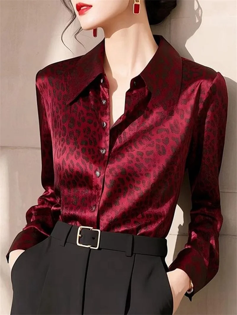 Spring New French Style Unique, Beautiful, Niche, Light Luxury, Cold style, High-end, Red Leopard Print Satin Long Sleeved Shirt