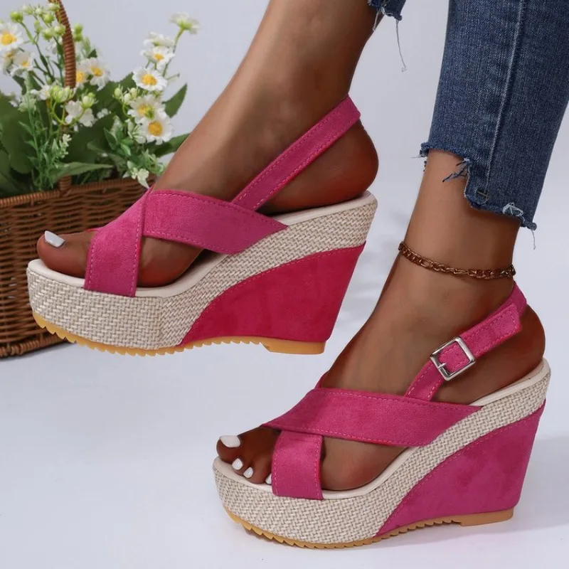 Pink Sandals Women Summer 2024 Platform HighHeels Sandals Summer Shoes Women Wedges Denim Cross Buckle Beach Sandalias Mujer