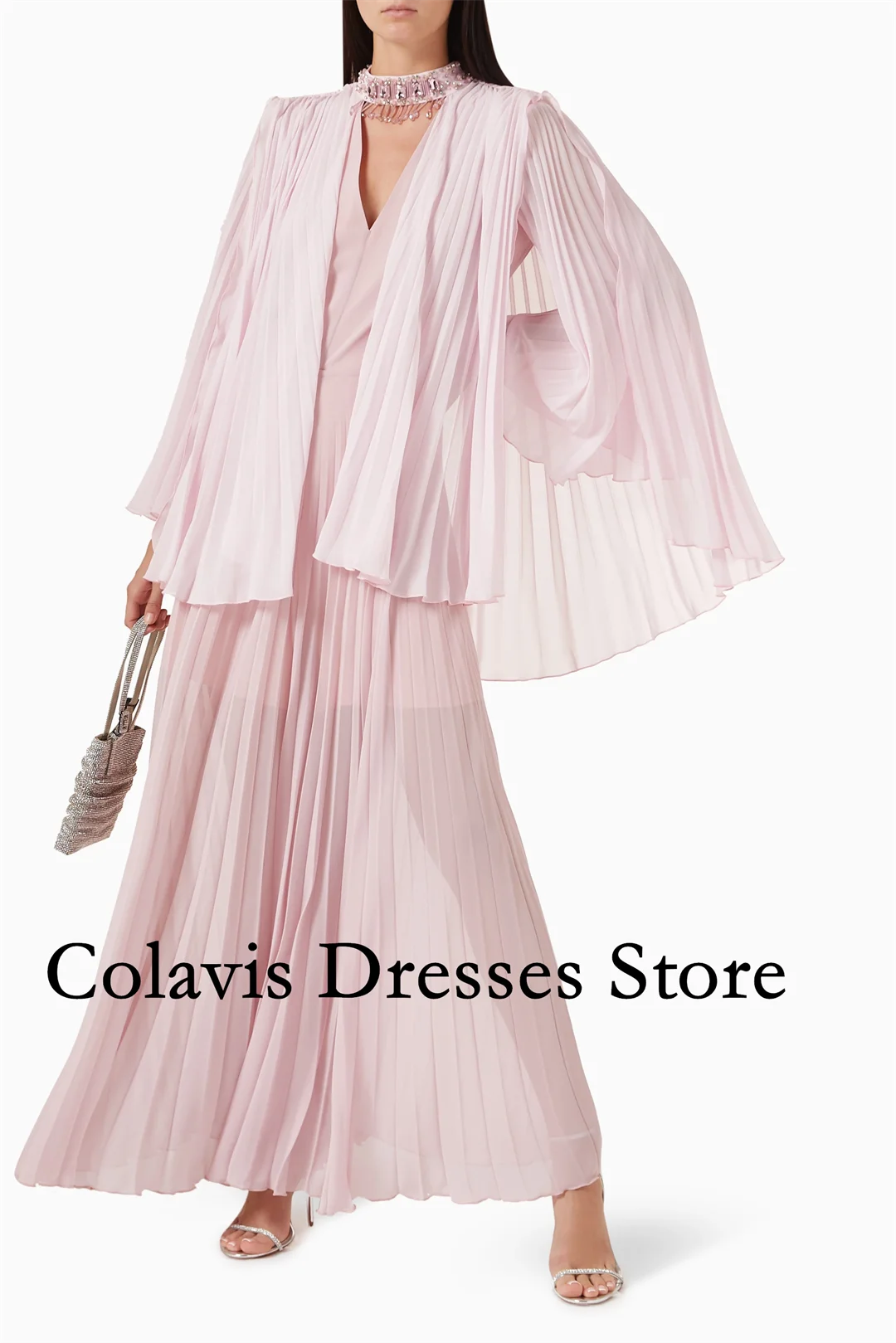 

2025 Индивидуальные плиссированные шифоновые накидки с вырезом из бисера, розовые платья для выпускного вечера, вечернее платье, женские вечерние платья, вечернее платье