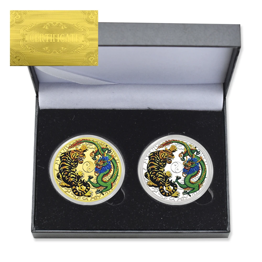 

2pc/box China Dragon and Tiger Commemorative Coin Metal Challenge Coin with Certificate and Gift Box Collectible Gift