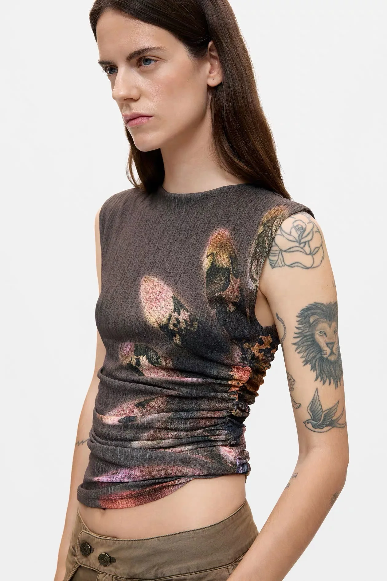 Foreign trade Spain original high elasticity Maillard print pleated pullover sleeveless slim fit women's top T-shirt vest