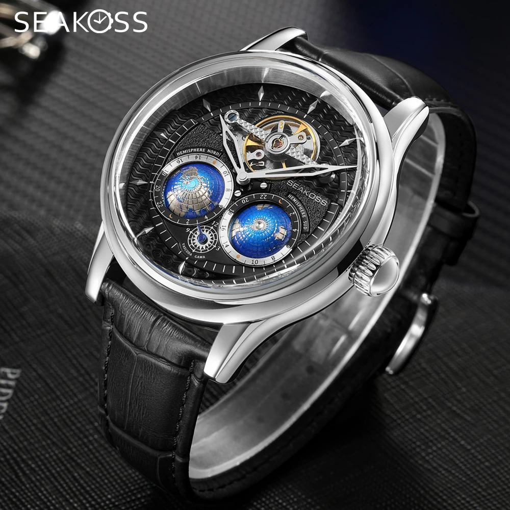 SEAKOSS شمال جنوب نصف الكرة الرجال ساعات أوتوماتيكية الدورية المزدوج الأرض حزام من الجلد الذكور ساعات المعصم الميكانيكية الموضة