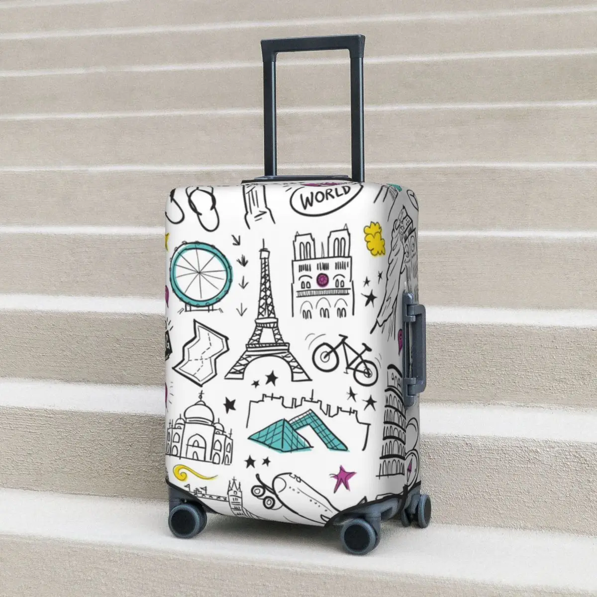 Sightseeing Illustration Suitcase Cover Fly World Travel Flight Business Strectch Luggage Supplies Protection