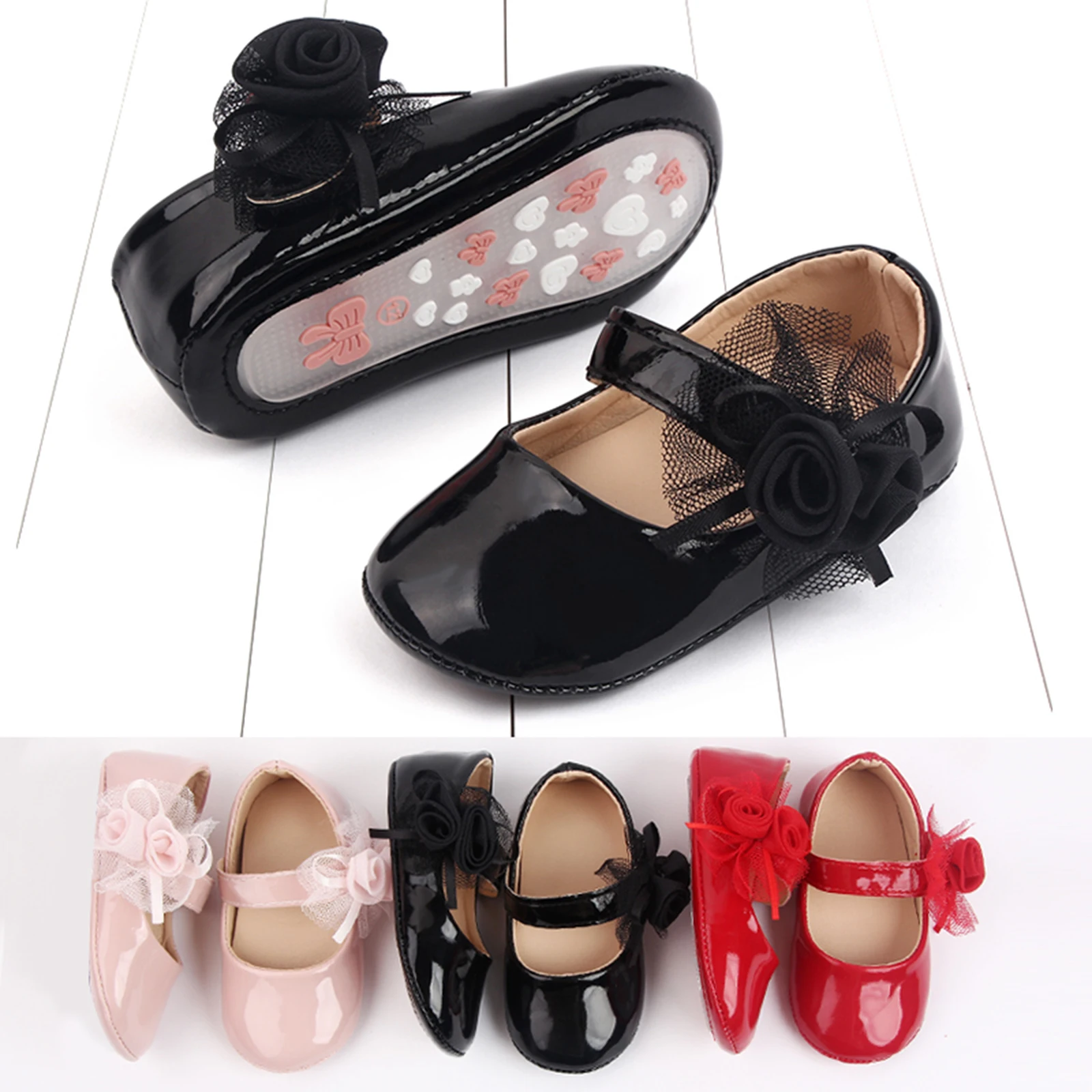 Toddler Baby Girls Mary Jane Flats Soft Sole Flowers PU Princess Shoes Wedding Dress Shoes for Party Birthday Footwear