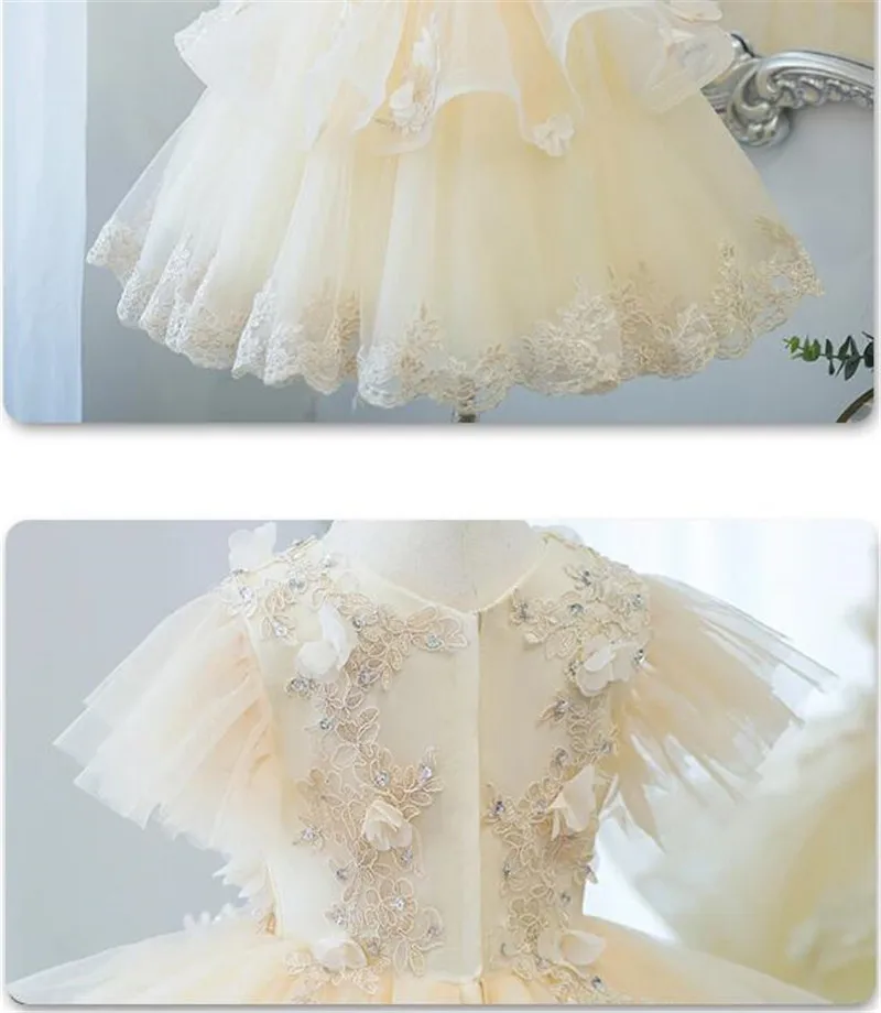 High Quality Beige Flower Girl Dress Applique Tulle Christmas Party Gown Special Ceremony Vestido Birthday Dress