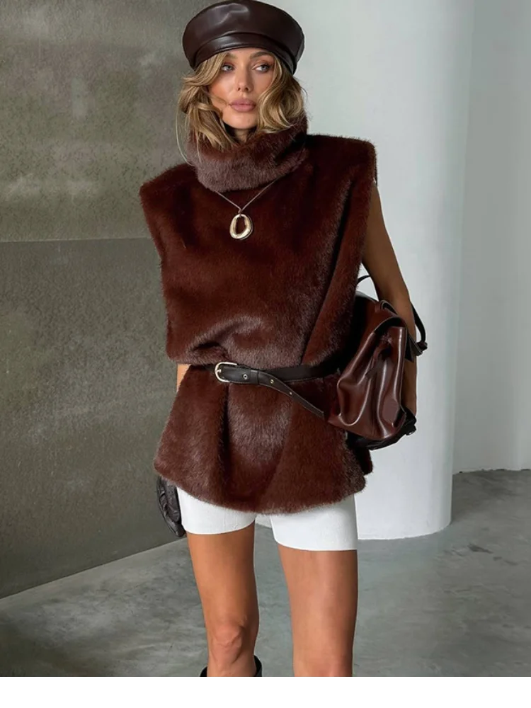 Casual Feste Faux Pelz Weste Frauen Mode Freizeit Ärmellose Hohe Kragen Lose Weste Dame Täglichen Neue Chic Highstreet Westen