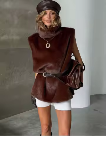 Women Solid Faux Fur Vest Crop Top Fashion Turtleneck Fluffy Short Tank Tops 2025 Winter Lady Elegant Sleeveless Jacket Coat