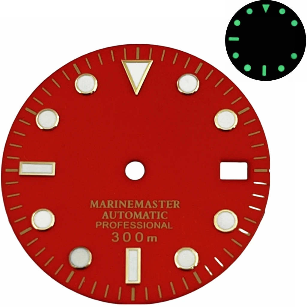 NH35 Dial 29mm Red Sterile Gold Edge Watch Dial With Green Luminous Fit NH35 Automatic Movement Watch Accessories