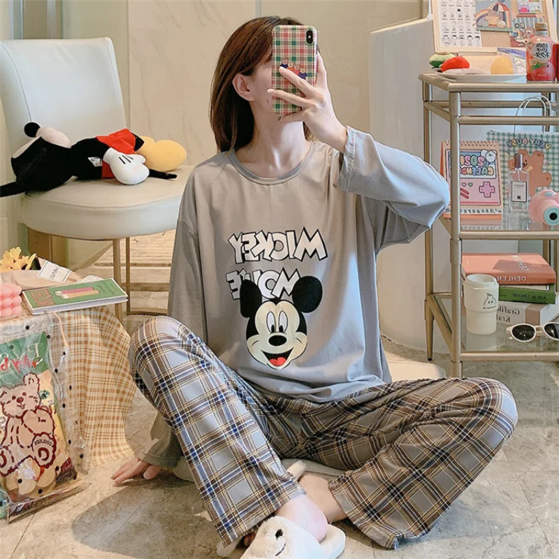 Disney Daisy spring and autumn new women's pajamas crew neck cartoon Mickey casual loose Donald Duck loungewear set