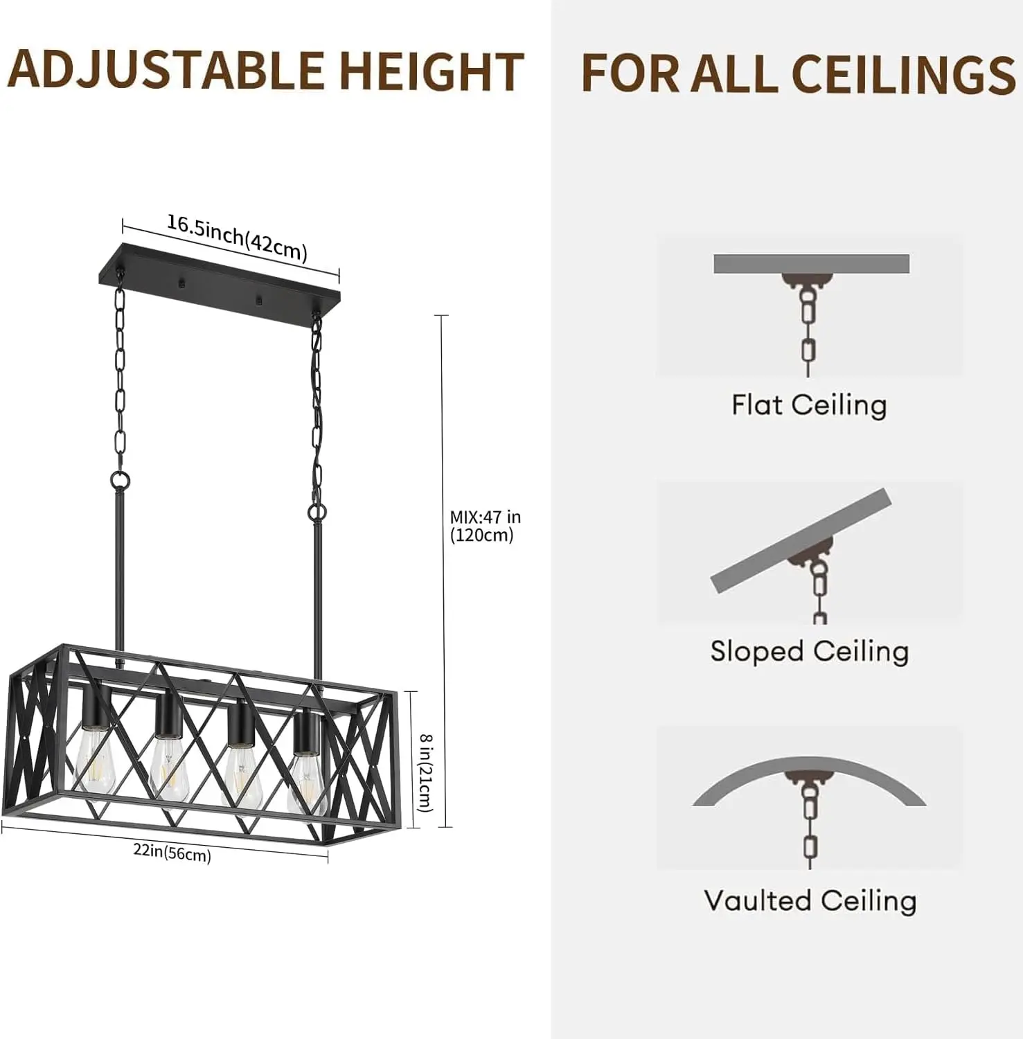 4-Light Black Modern Chandelier - Open Pendant Lighting for Kitchen Island & Dining Room Ceiling Over Table