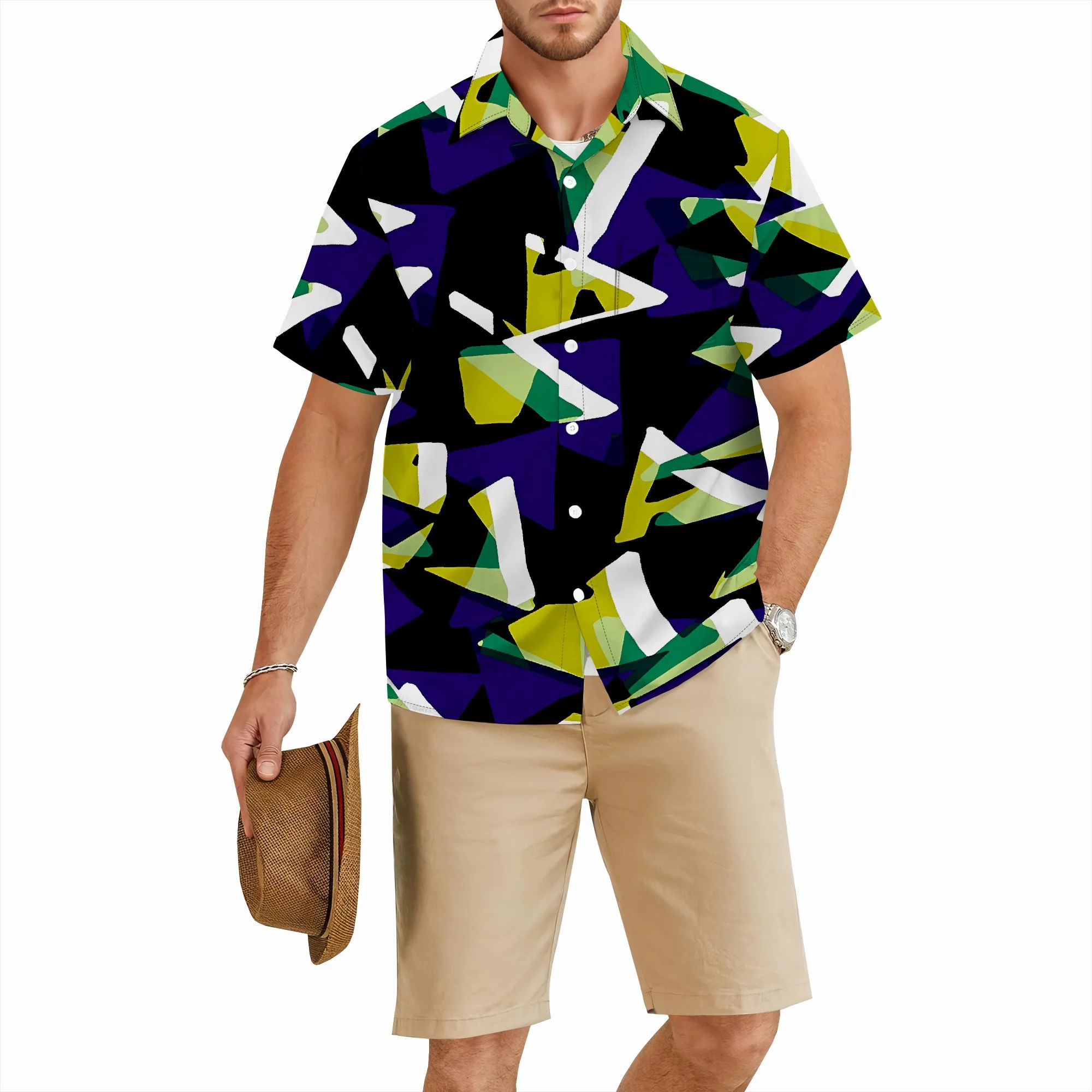 YEAE Camicia con stampa patchwork geometrica per uomo Top estivo casual a maniche corte